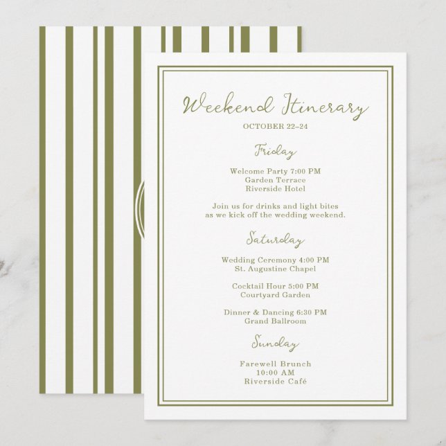 Invitación Olive Green Wedding Weekend Itinerary Card (Anverso / Reverso)