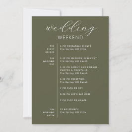 Invitación Olive Green Wedding Weekend Timeline & Welcome