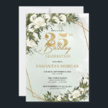 Invitación Olive greenery gold frame white rose 25 cumpleaños<br><div class="desc">Invitación a los 25 años del marco dorado de la frondosa vegetación del olivo. Este encantador diseño de moda moderno es perfecto para eventos de estilo boho o rústico. El diseño se caracteriza por una vegetación de color acuático pintada a mano, ramas de olivo mezcladas con rosas blancas de color...</div>