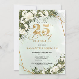 Invitación Olive greenery gold frame white rose 25 cumpleaños