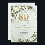 Invitación Olive greenery marco dorado rosa blanca 80 cumplea<br><div class="desc">Invitación a los 80 años del marco dorado de la frondosa vegetación del olivo. Este encantador diseño de moda moderno es perfecto para eventos de estilo boho o rústico. El diseño se caracteriza por una vegetación de color acuático pintada a mano, ramas de olivo mezcladas con rosas blancas de color...</div>