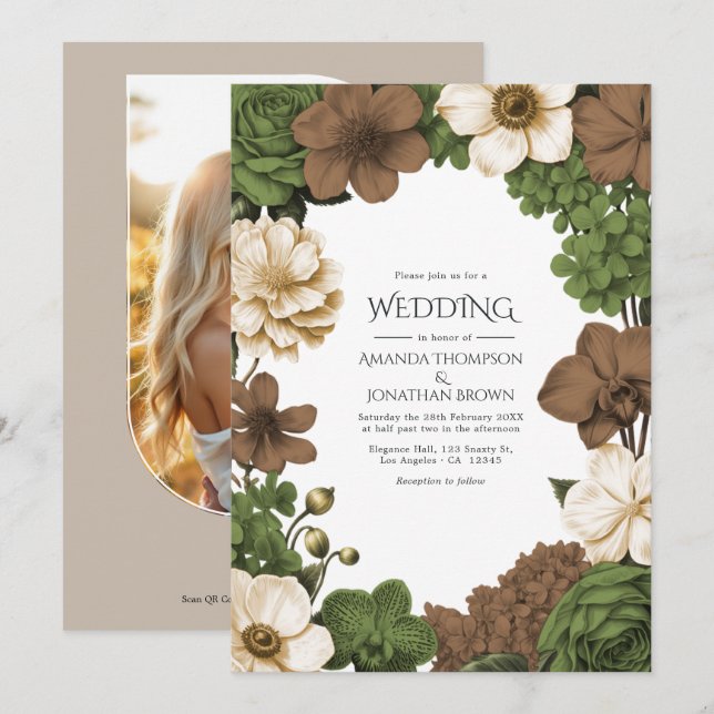 Invitación Olive Grove, Figwood Brown & Warm Linen Wedding (Anverso / Reverso)