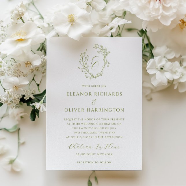 Invitación Olive Line Art Floral Monogram Crest Wedding (Subido por el creador)