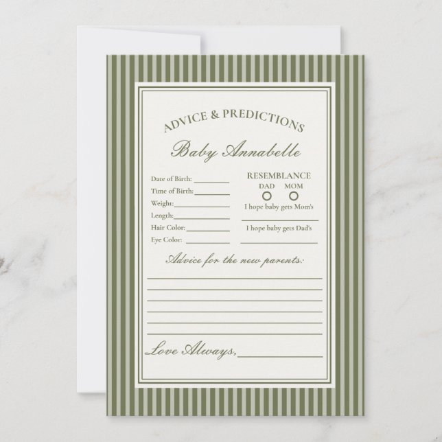 Invitación Olive Martini Striped Green Advice for Baby Card (Anverso)