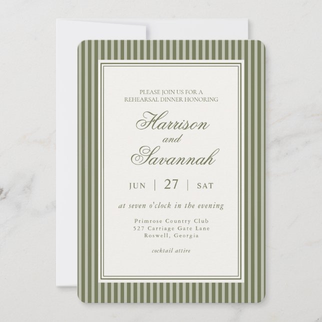 Invitación Olive Martini Striped Old Money Rehearsal Dinner (Anverso)
