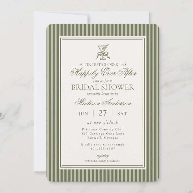 Invitación Olive Martini Tini Bit Closer Stripe Bridal Shower (Anverso)