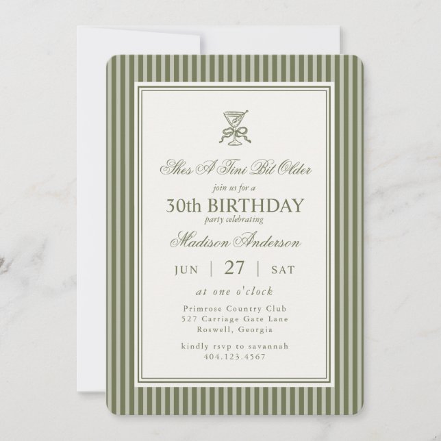 Invitación Olive Martini Tini Bit Older Striped Birthday (Anverso)