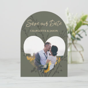 Invitación Olive Modern Photo Heart Frame Guarda La Fecha