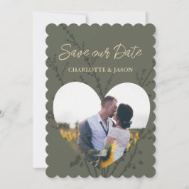 Invitación Olive Modern Photo Heart Frame Guarda La Fecha