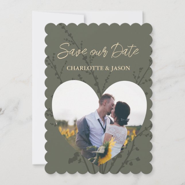 Invitación Olive Modern Photo Heart Frame Guarda La Fecha (Anverso)