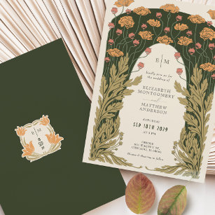 Invitación Olive & Naranja Boda Vintage Art Nouveau Floral