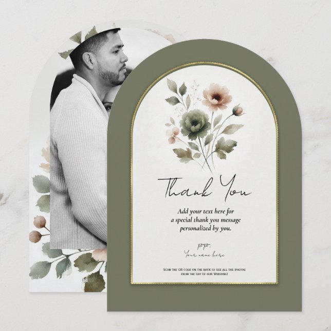 Invitación Olive Polvoriento Agradecimiento Floral Dorado Acu (Anverso / Reverso)