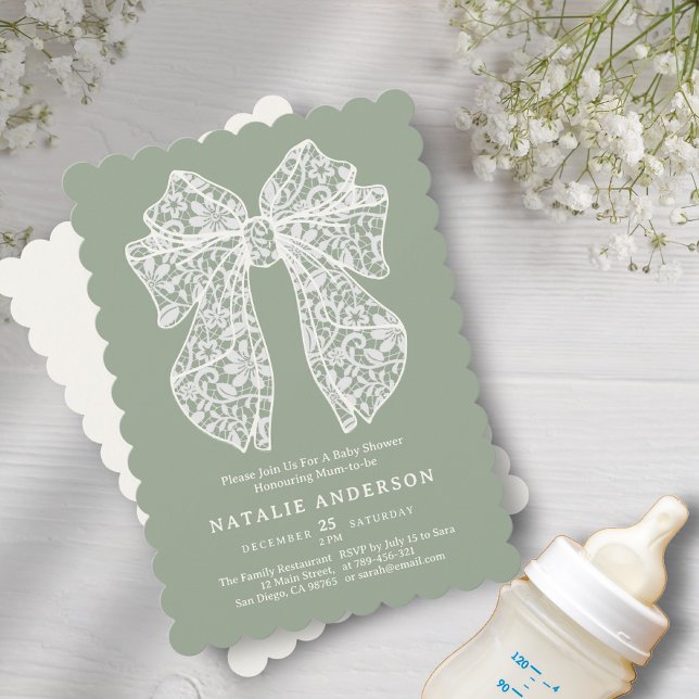 Invitación Olive Sage Green Floral Lace Coquette Baby Shower (Olive Sage Green Floral Lace Coquette Baby Shower Invitation)