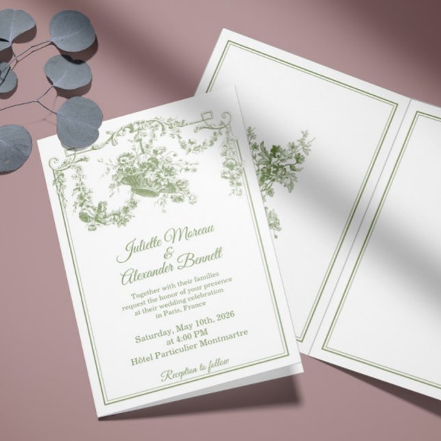Invitación Olive Sage Toile de Jouy Paris Wedding Invitation (Subido por el creador)