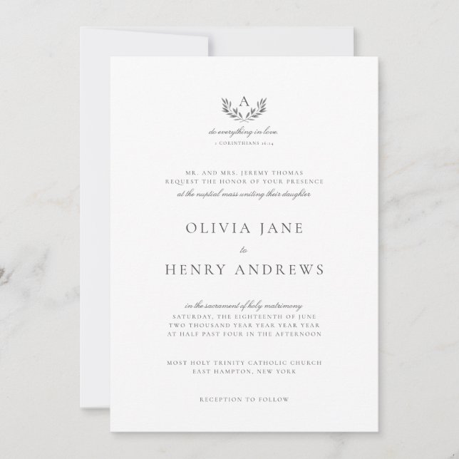 Invitación Olivia Boda católica en monograma gris clásico (Anverso)