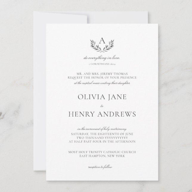 Invitación Olivia Elegant Gray Monograma Católico Boda (Anverso)