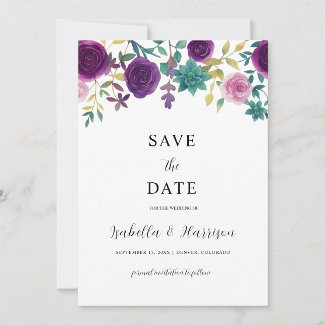 Invitación OLIVIA | Purple Floral Save the Date Template (Anverso)