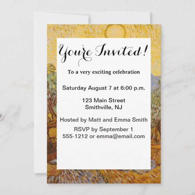 Invitación Olivos de Van Gogh Cielo Sol Amarillo (Anverso)