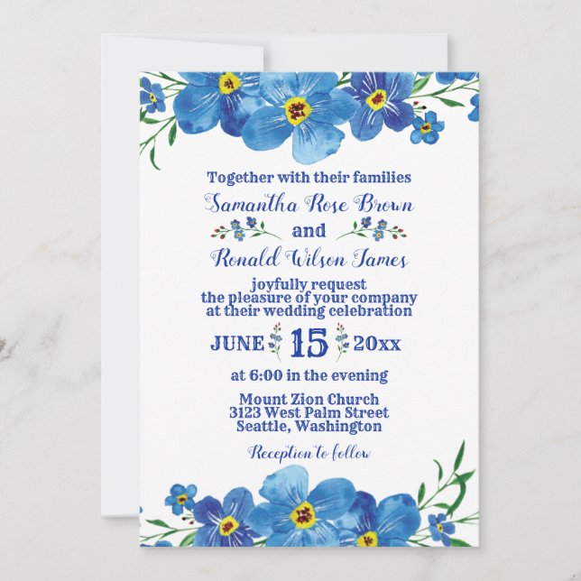 Invitación Olvídate de que no es invitada la Boda Floral Azul (Anverso)