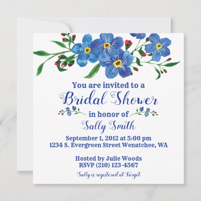 Invitación Olvídenme de la floral azul acuarela Bridal Shower (Anverso)