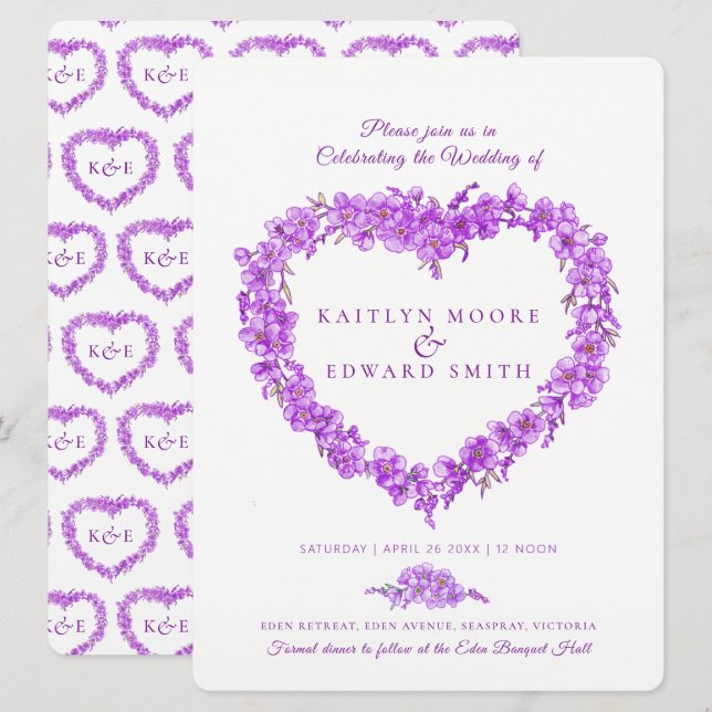 Invitación Olvídenme, no boda de arte cardíaco morado blanco (Anverso / Reverso)