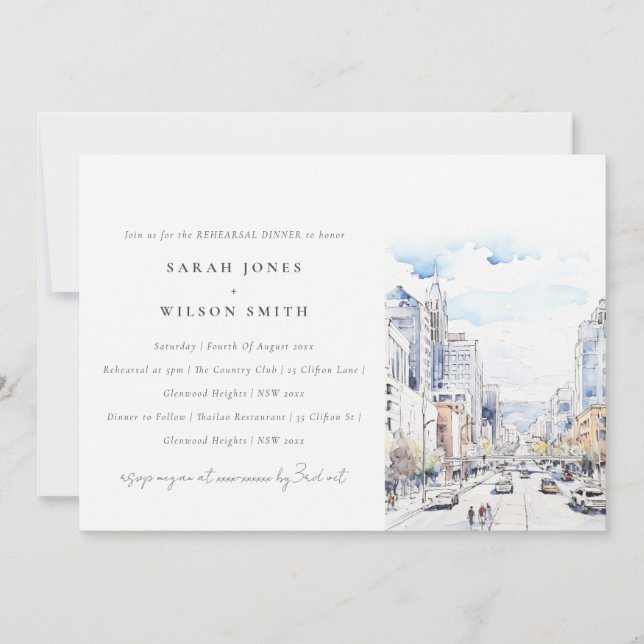 Invitación Omaha Nebraska Watercolor Scape Rehearsal Dinner (Anverso)