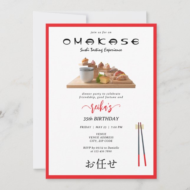 Invitación Omakase Sushi Japonés Tasting Script Cumpleaños (Anverso)