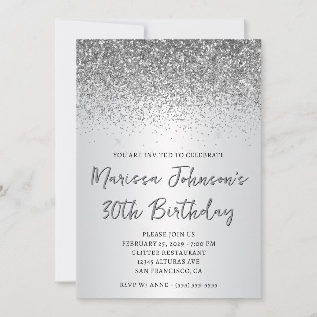 Invitación Ombre, 30 años, Purpurina de Plata Sparkly (Anverso)