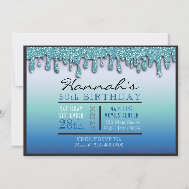 Invitación Ombre Aqua Sparkle Drippy Fiesta de cumpleaños núm (Anverso)