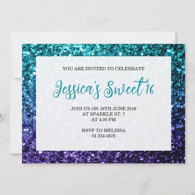 Invitación Ombre azul Aqua respira dulce 16 guión elegante (Anverso)