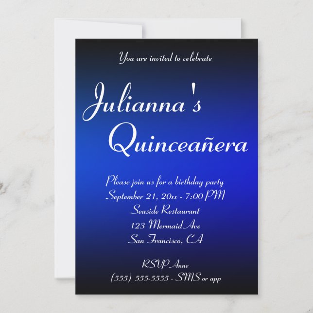 Invitación Ombre azul negro y zafiro Quinceañera Cumpleaños (Anverso)