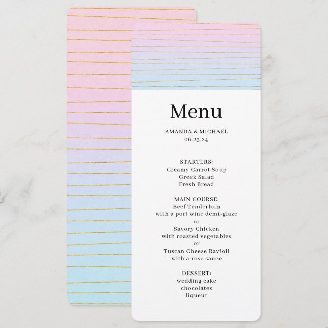 Invitación Ombre azul rosado con Boda de líneas doradas delga (Anverso / Reverso)