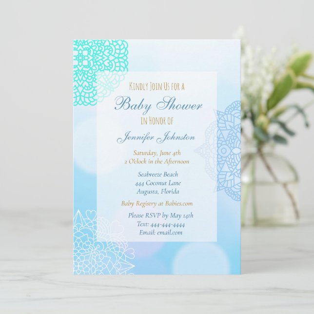 Invitación Ombre azul, Verde azulado y blanco Mandala Baby Sh (Anverso de pie)