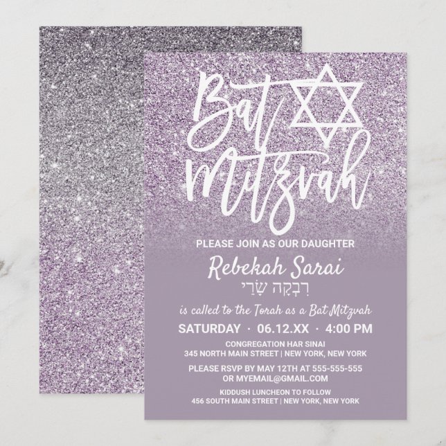Invitación Ombre Bat Mitzvah Purpurina de Dusty Purple Gray F (Anverso / Reverso)