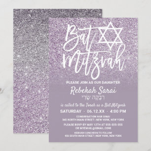 Invitación Ombre Bat Mitzvah, Purpurina de Faux Gris Púrpura 