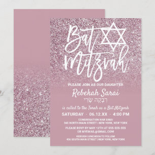 Invitación Ombre Bat Mitzvah, Rosa dorado Purpurina rosado