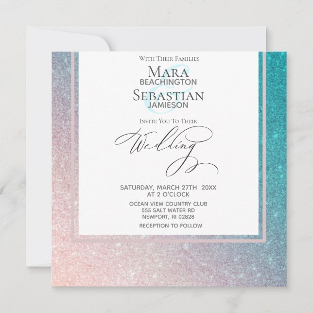 Invitación ~* Ombre Beach Purpurina Boda elegante de moda AR4 (Anverso)