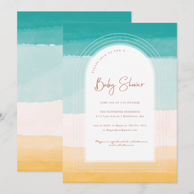 Invitación Ombre Beach Sun & Sand | Baby Shower arcoiris (Anverso / Reverso)