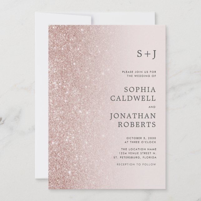 Invitación Ombre Boda Rosa Ombre Purpurina de Rubor Gold (Anverso)