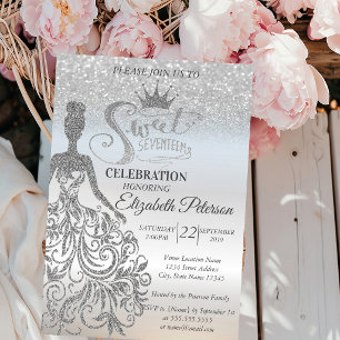 Invitación Ombre Bokeh Brillo Plateado, Vestido, Tiara, Dulce