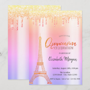 Invitación Ombre Brillo Gotea, Quinceañera Torre Eiffel