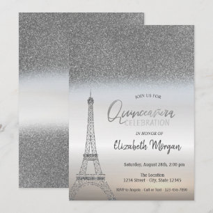 Invitación Ombre Brillo Plateado, Quinceañera Torre Eiffel