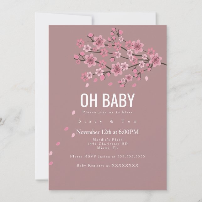 Invitación Ombre Cherry Blossom Pink Brands Baby Shower (Anverso)