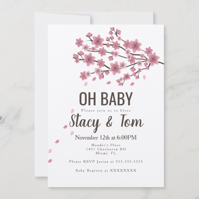 Invitación Ombre Cherry Blossom Tree Pink Branch Baby Shower (Anverso)