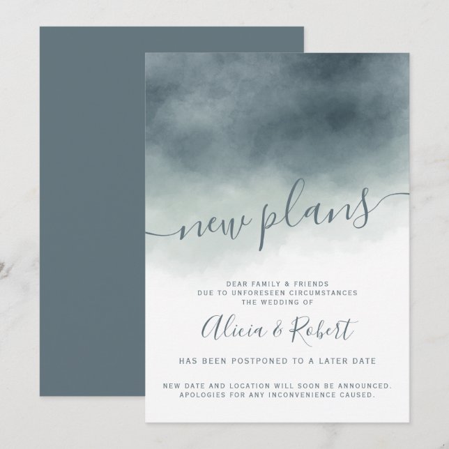 Invitación Ombre de acuarela azul polvoriento pospone nuevos  (Anverso / Reverso)