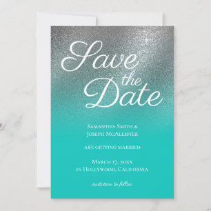 Invitación Ombre de Glitter Fino Plateado Verde Acuático para