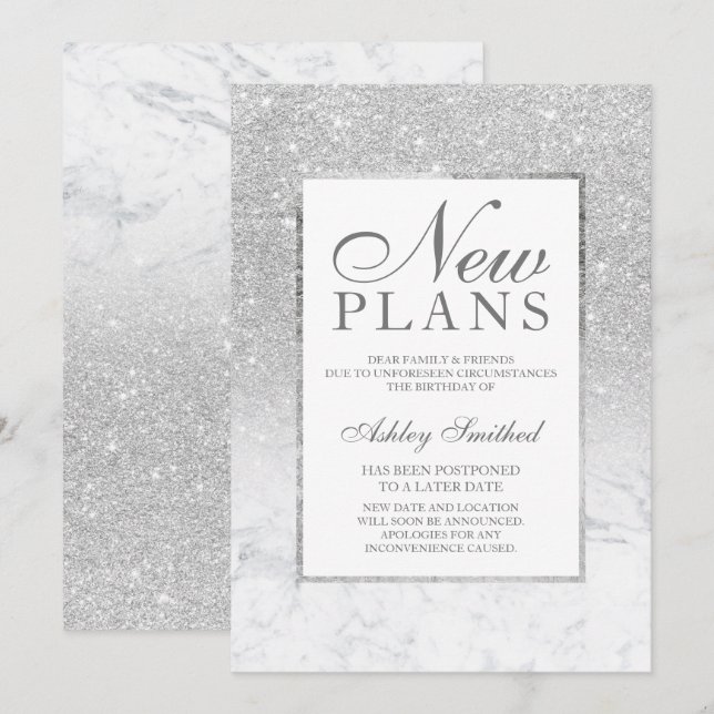 Invitación Ombre de mármol con brillo plateado pospuso nuevos (Anverso / Reverso)