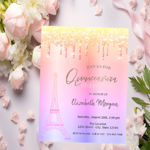 Invitación Ombre Drips, Torre Eiffel Quinceañera