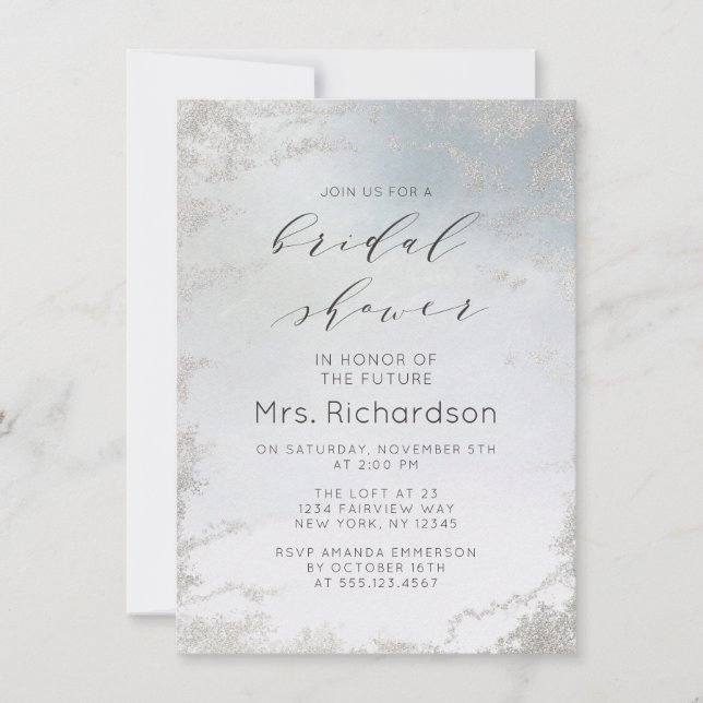 Invitación Ombre Dusty Blue Frost Relieve metalizado plateado (Anverso)