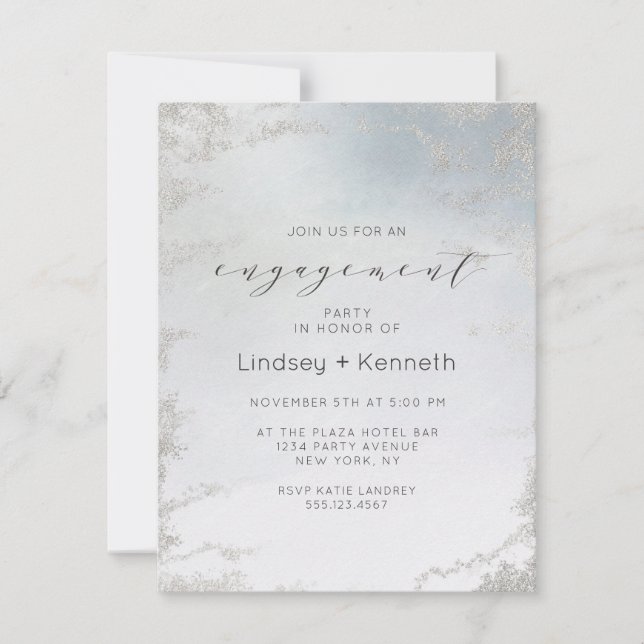 Invitación Ombre Dusty Blue Frost Silver Engagement Party (Anverso)